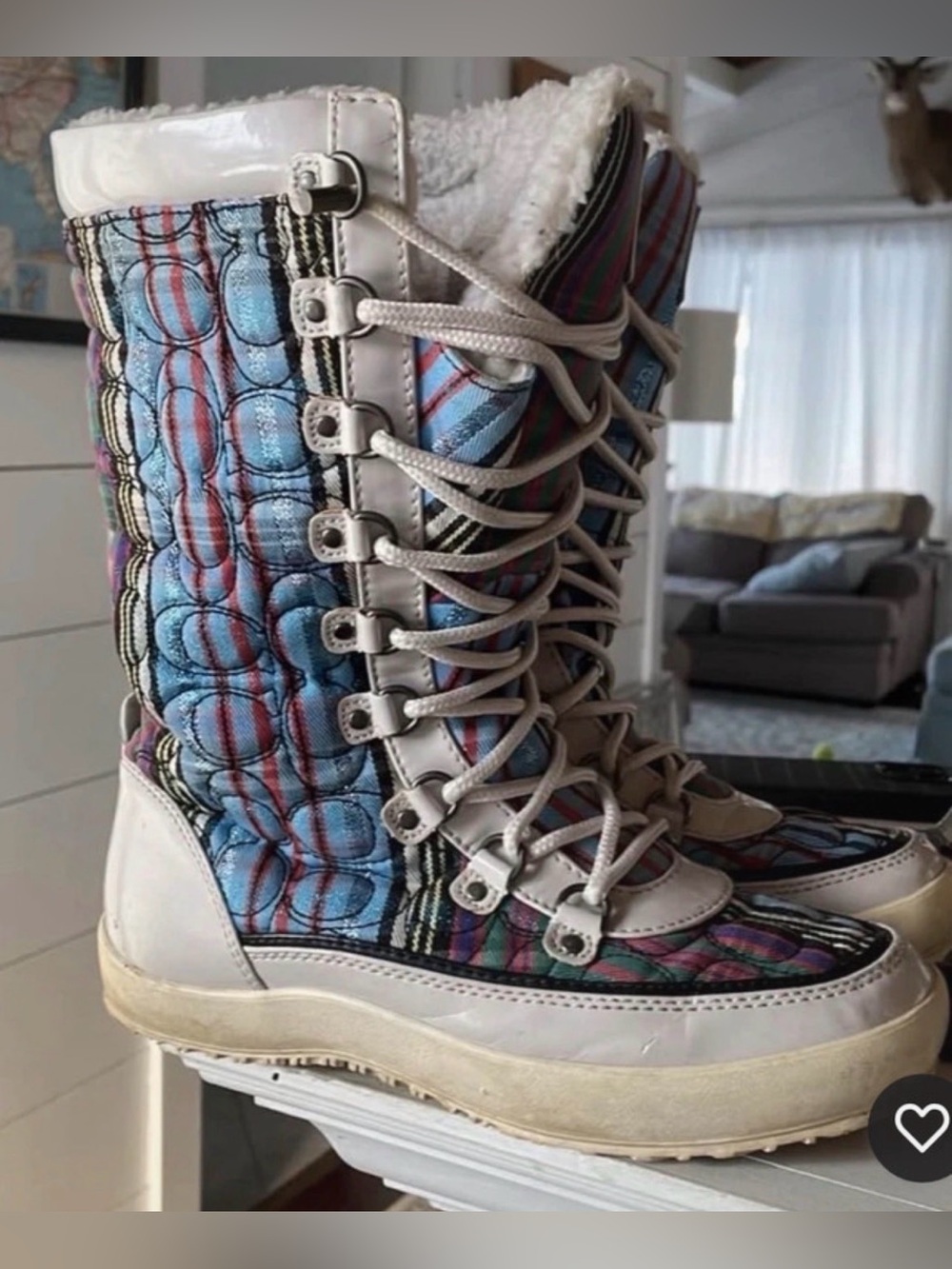 COACH Womens Quilted Lace-Up Winter Boots - Blue Pattern